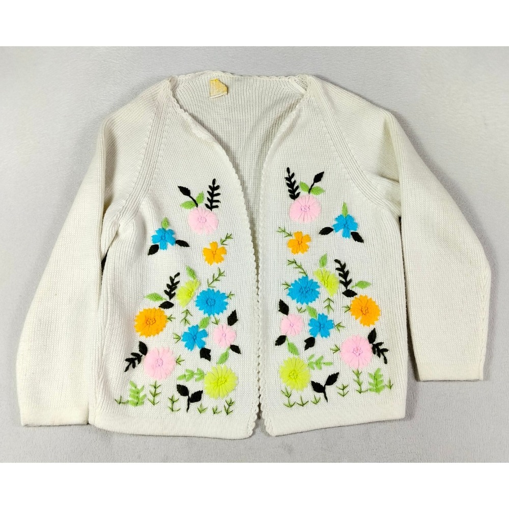 Vintage Sears Cardigan Womens L Floral Embroidered Acrylic Open Front Sweater